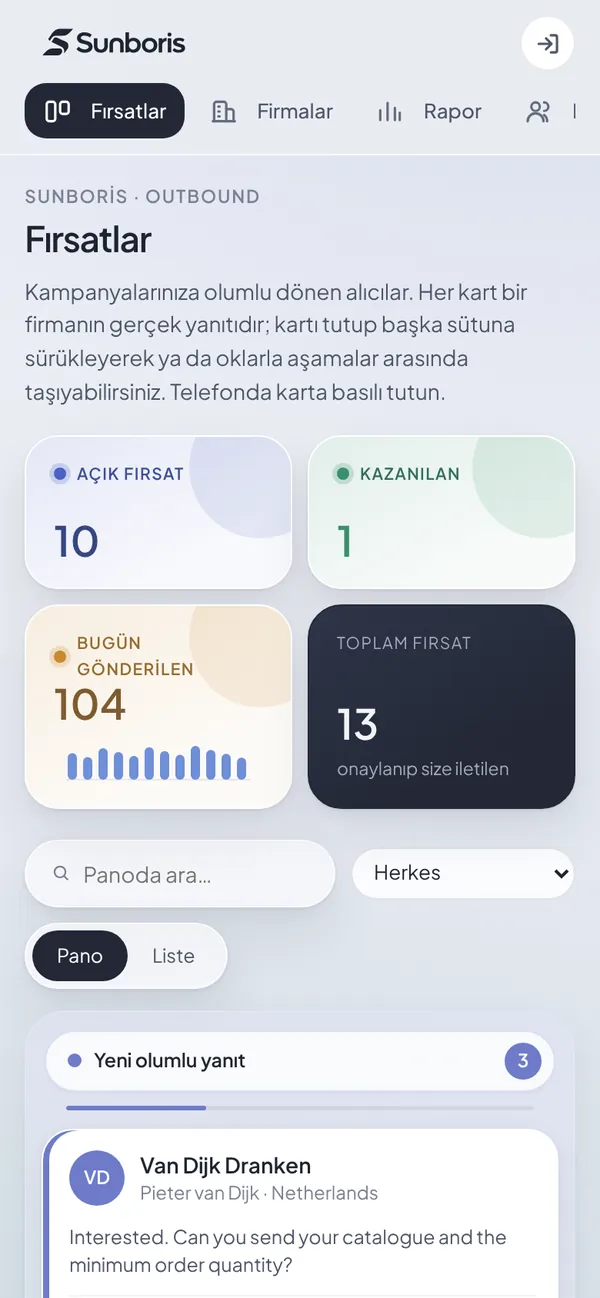 Sunboris Panel telefonda: fırsat kutuları ve pano